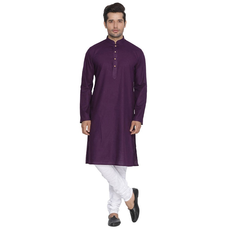 2 Pc Purple Cotton Kurta With White Churidar - JD986590175