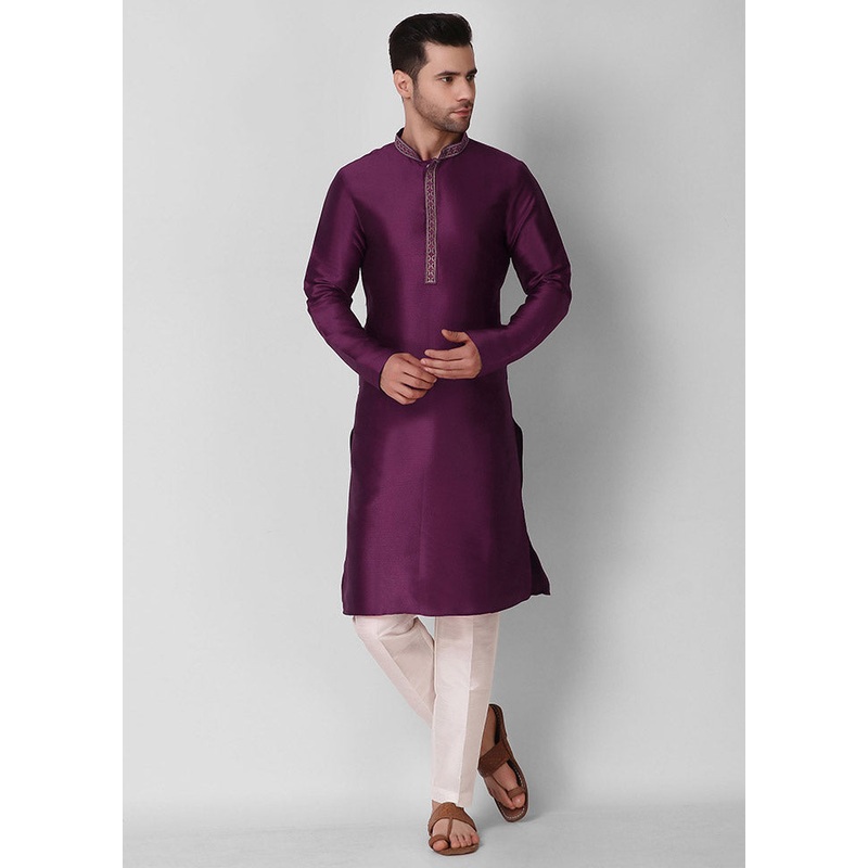 2 Pc Purple Silk Kurta Pajama Set - JD986590149