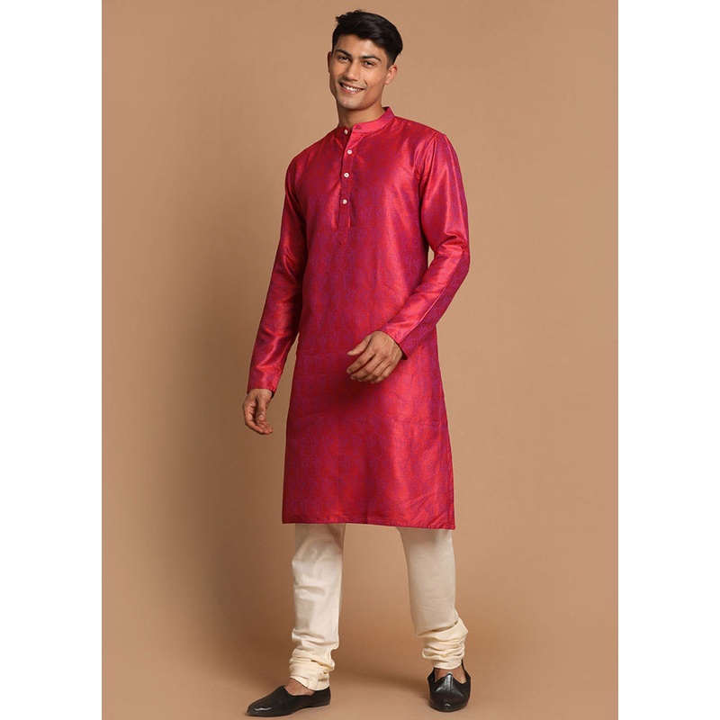 2 Pc Red Dupion Silk Kurta Pajama Set - JD986590196