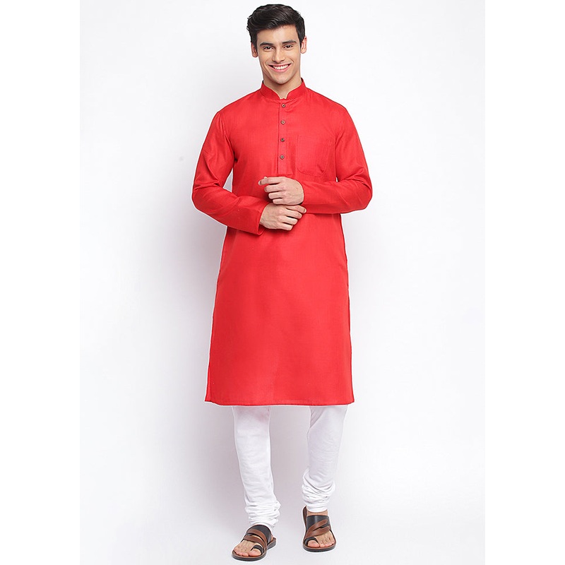 2 Pc Red Solid Cotton Kurta Pajama Set - JD986590115