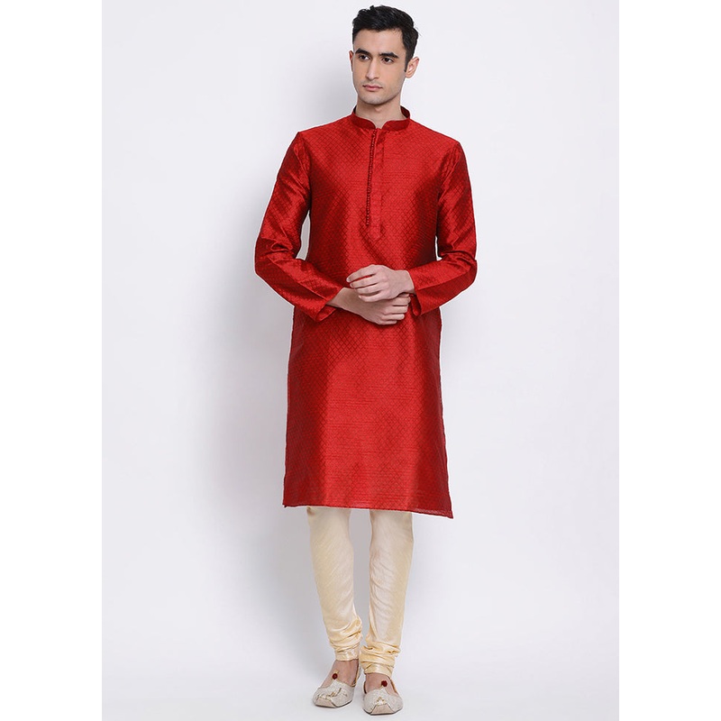 2 Pc Red Woven Silk Kurta Pajama Set - JD986590096