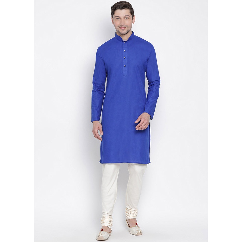 2 Pc Royal Blue Cotton Kurta With Beige Churidar - JD986590161