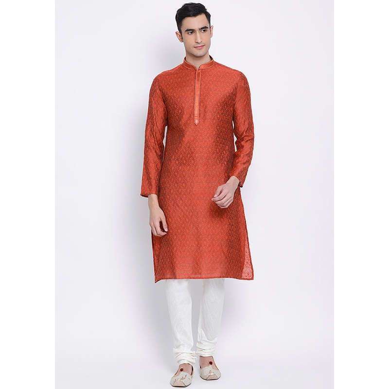 2 Pc Rust Woven Silk Kurta Pajama Set - JD986590108