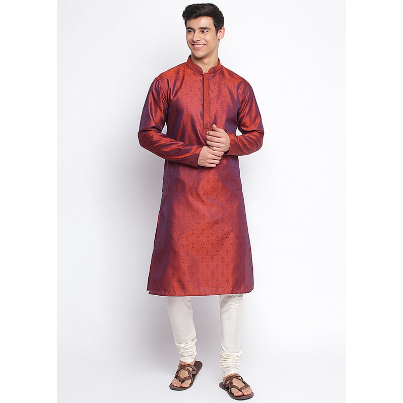 2 Pc Rust Woven Silk Kurta Pajama Set - JD986590127