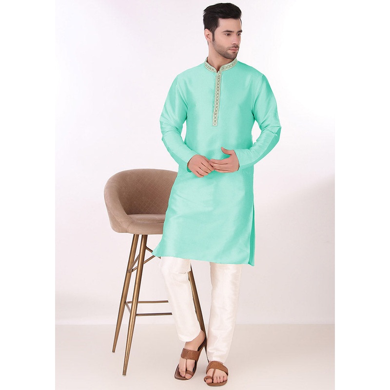 2 Pc Sea Green Silk Kurta Pajama Set - JD986590153