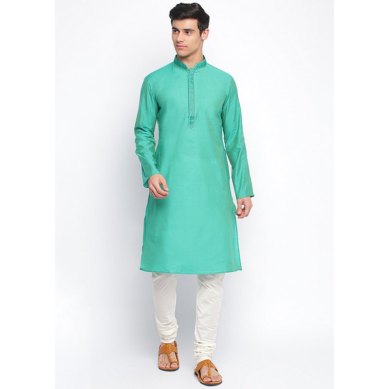 2 Pc Sea Sea Green Solid Silk Kurta Pajama Set - JD986590124