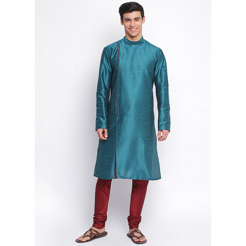 2 Pc Sea Sea Green Solid Silk Kurta Pajama Set - JD986590131