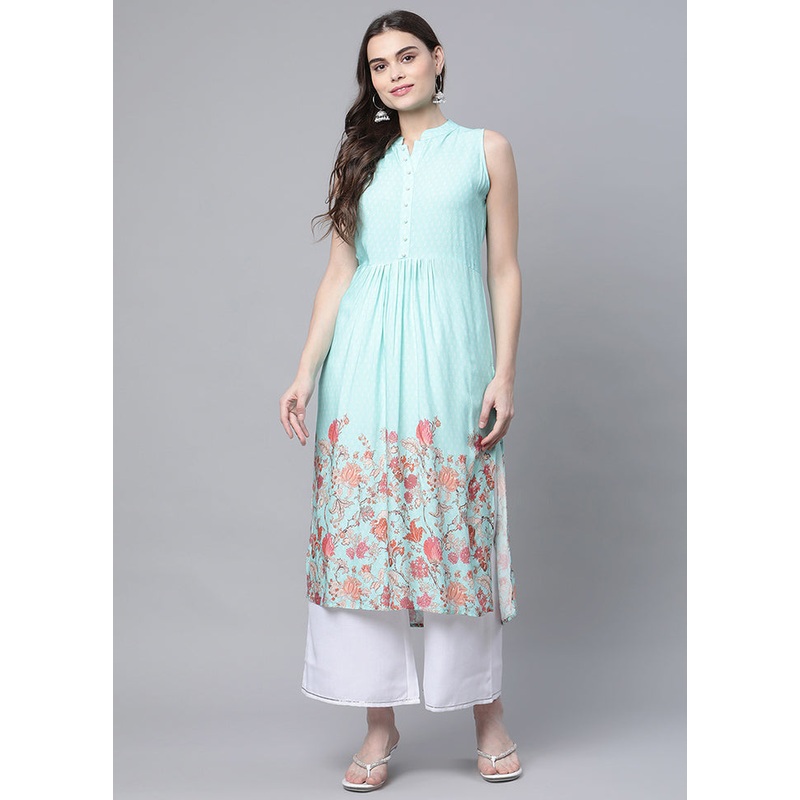 2 Pc Sky Blue Rayon Anarkali Kurti Set - JD986590223