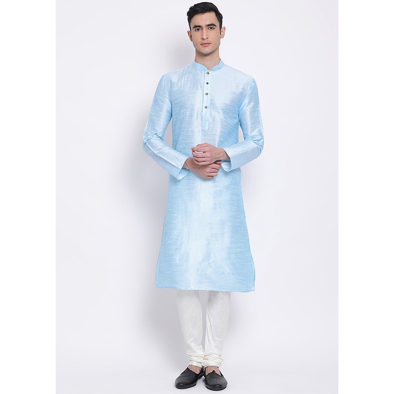 2 Pc Sky Blue Solid Silk Kurta Pajama Set - JD986590093