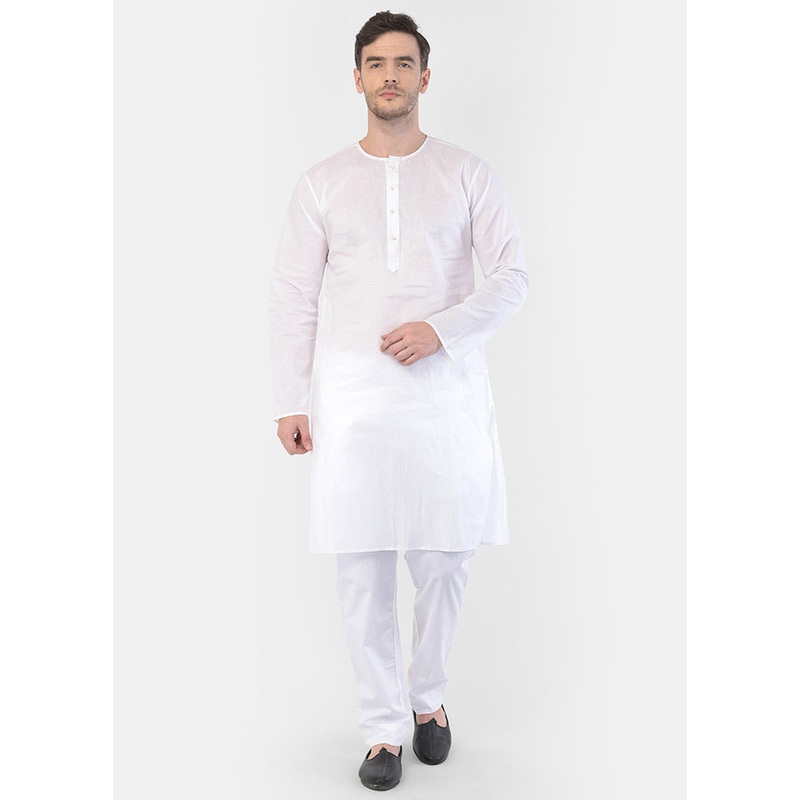2 Pc White Cotton Kurta Pajama Set - JD986590177