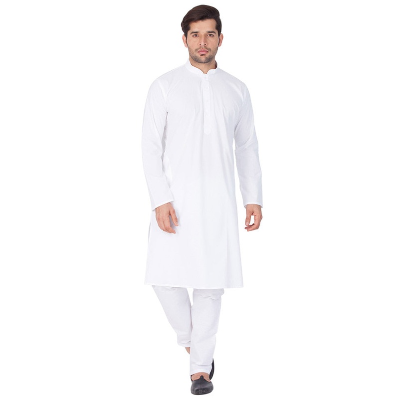 2 Pc White Cotton Kurta Pajama Set - JD986590198
