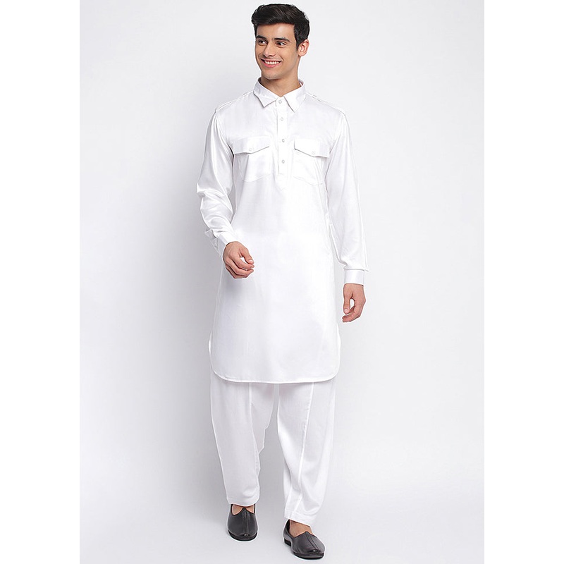 2 Pc White Solid Cotton Kurta Pajama Set - JD986590138