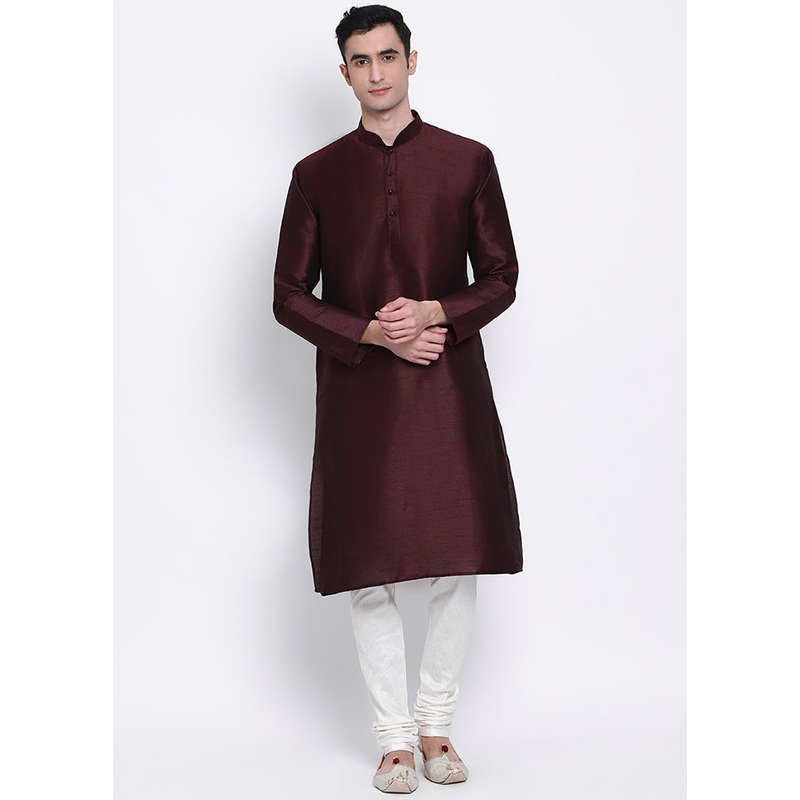 2 Pc Wine Solid Silk Kurta Pajama Set - JD986590094