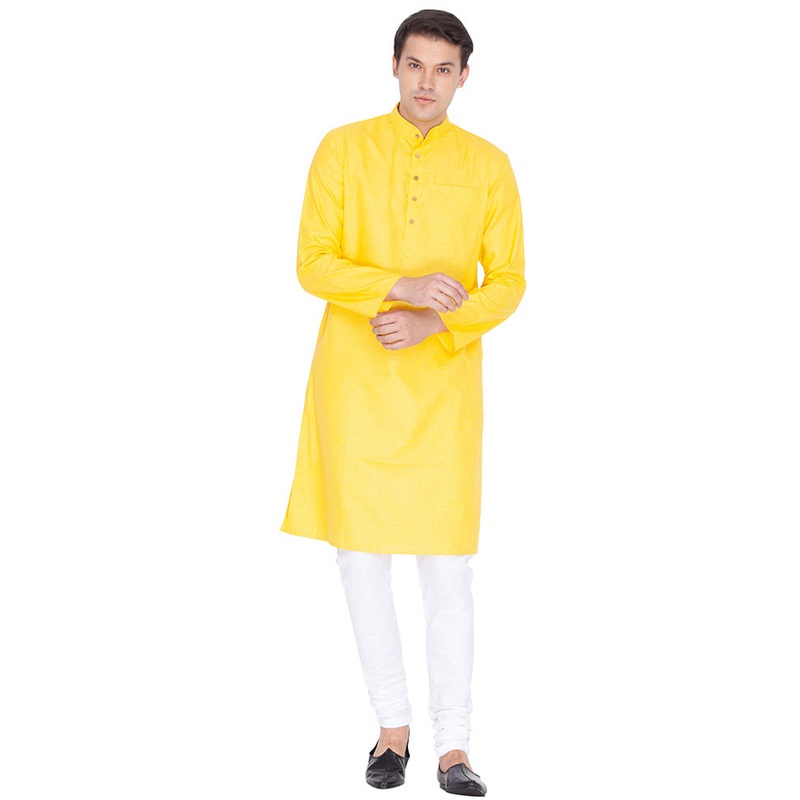 2 Pc Yellow Cotton Kurta Pajama Set - JD986590193