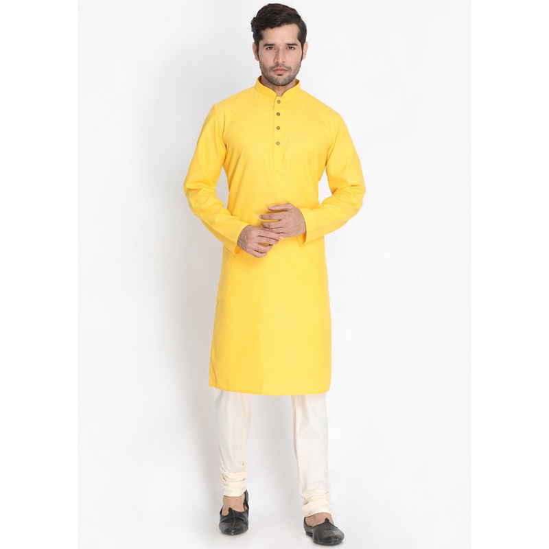 2 Pc Yellow Cotton Kurta With Beige Churidar - JD986590192