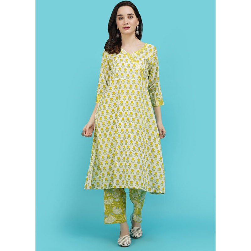 2 Pc Yellow Cotton Printed Kurti Set - JD986590268