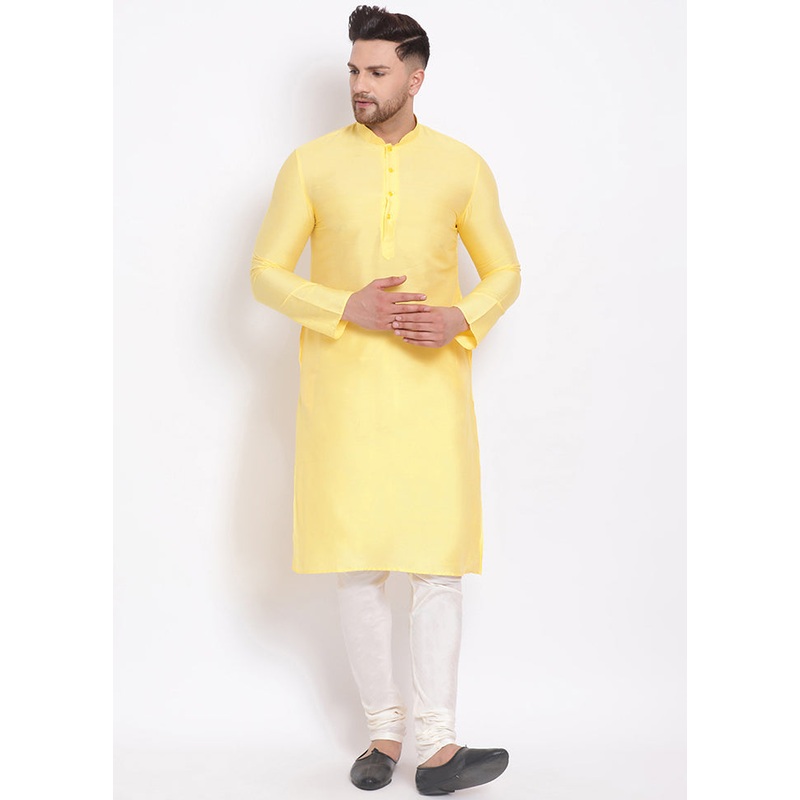 2 Pc Yellow Solid Dupion Silk Kurta Pajama Set - JD986590105