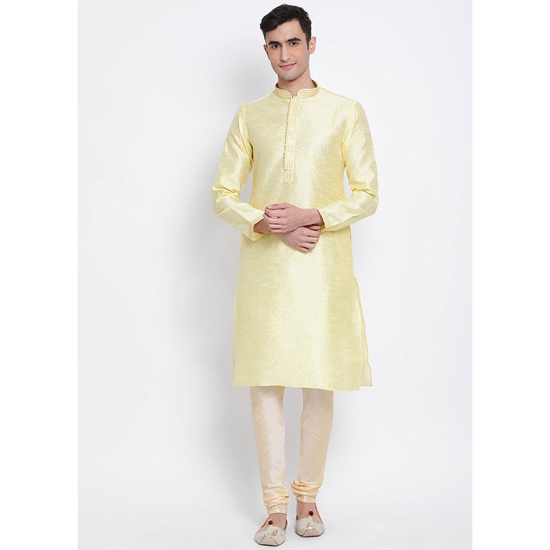 2 Pc Yellow Solid Silk Kurta Pajama Set - JD986590102