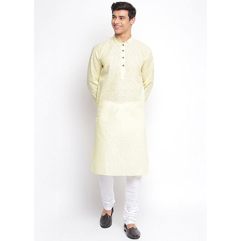2 Pc Yellow Woven Cotton Kurta Pajama Set - JD986590112