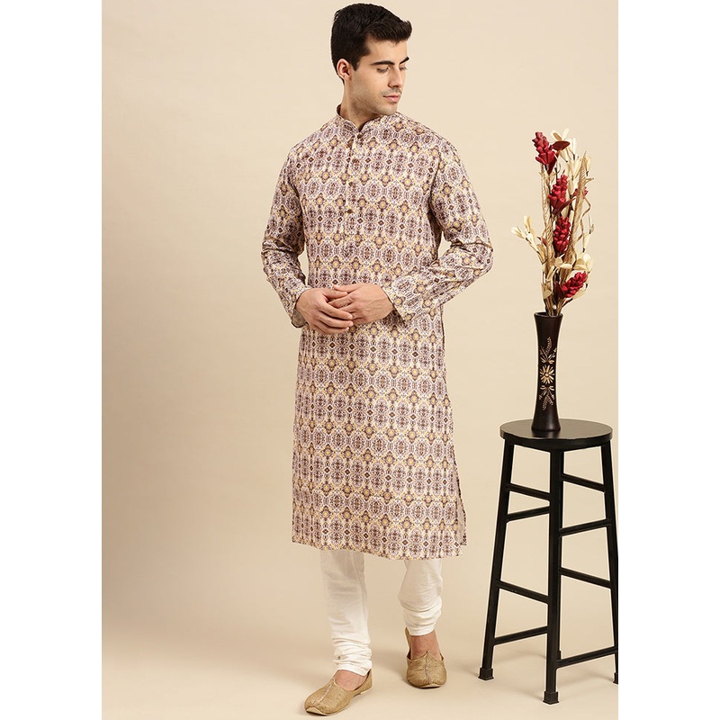 Beige Cotton Kurta And Pajama Set - JD986590148