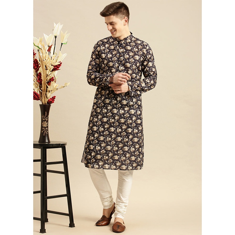 Black Cotton Kurta And Pajama Set - JD986590143