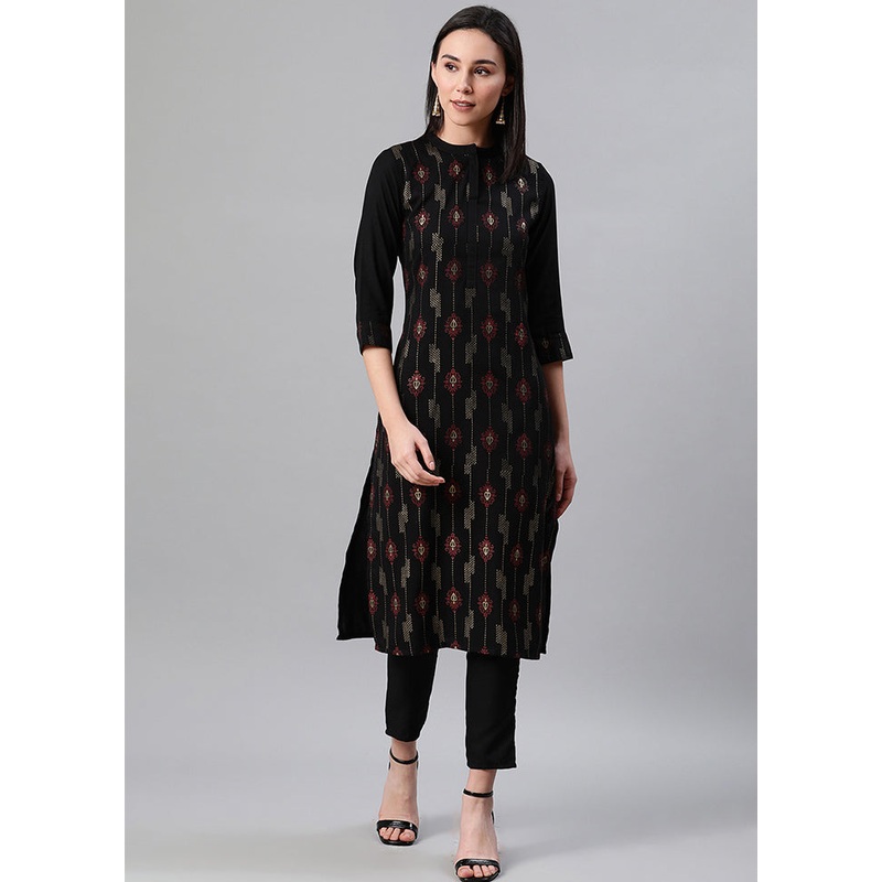 Black Rayon A Line Foil Print Kurti - JD986590210