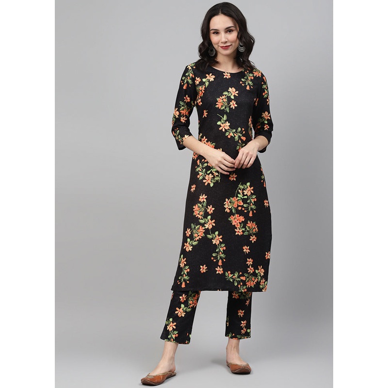 Black Rayon Floral Digital Print Kurti - JD986590227