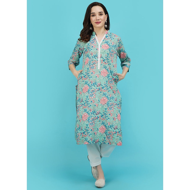 Blue Cotton Printed Kurti - JD986590265