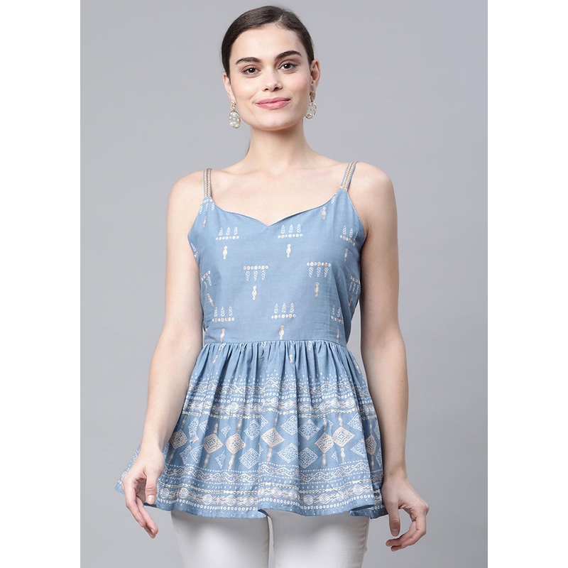 Blue Readymade Cotton Floral Printed Tunic - JD986590231