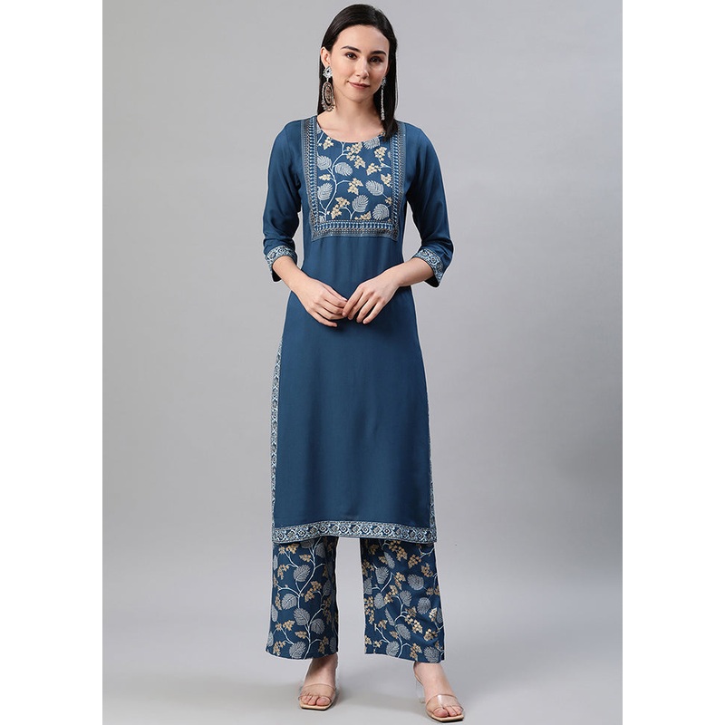 Blue Readymade Rayon Foil Print Kurti - JD986590204