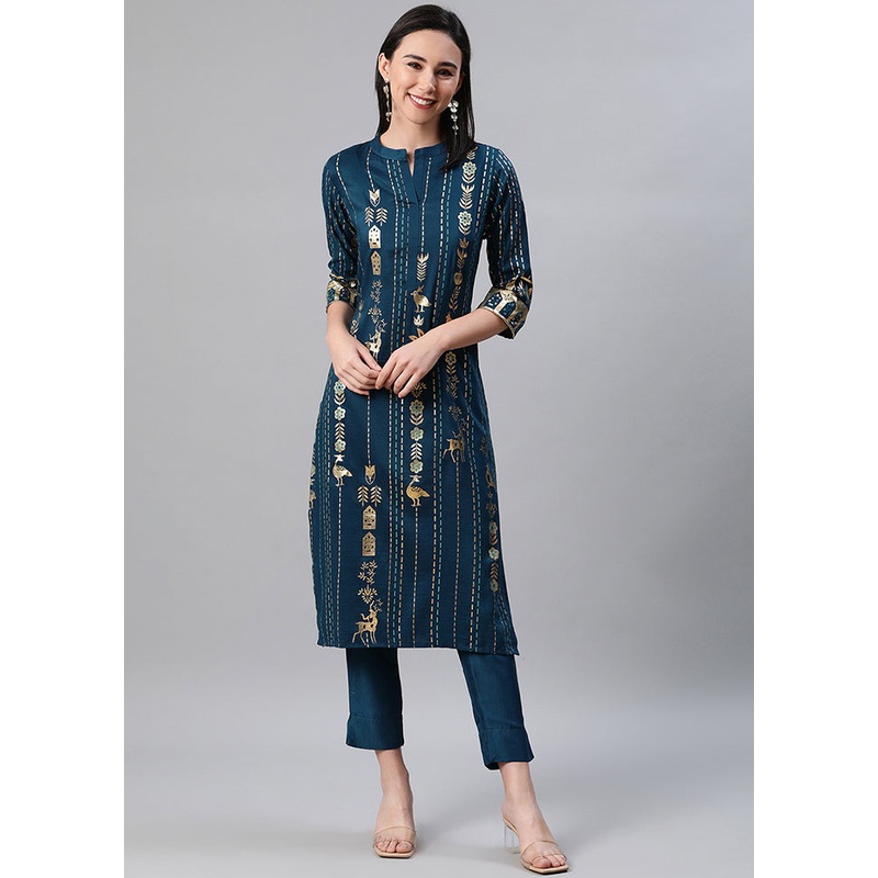 Blue Readymade Rayon Foil Print Kurti - JD986590206