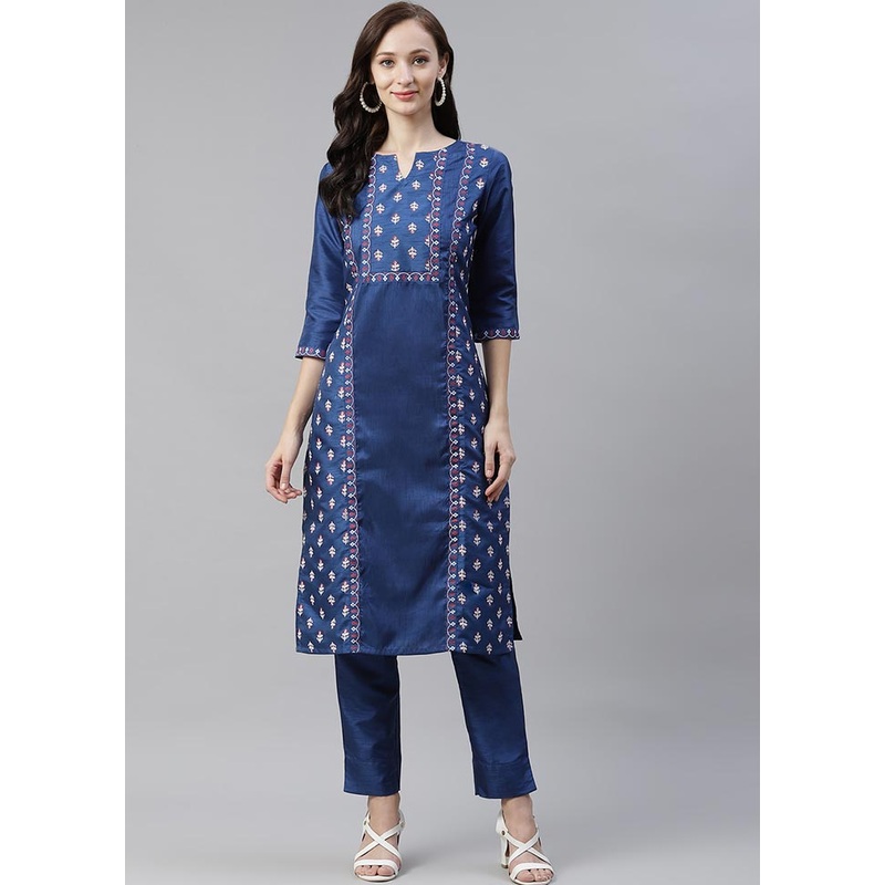 Blue Silk Kurti With Foil Printed Work - JD986590238