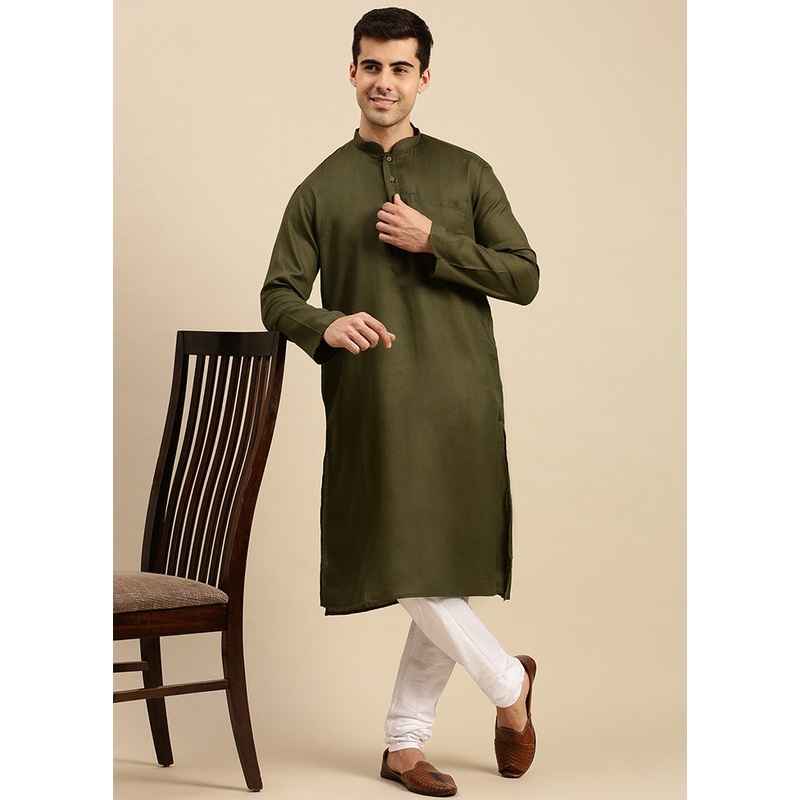 Bottle Green Cotton Kurta And Pajama Set - JD986590144
