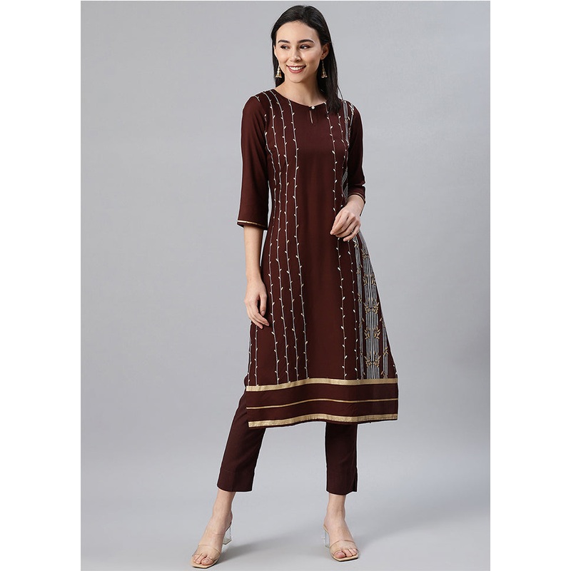 Brown Readymade Rayon Foil Print Kurti - JD986590203