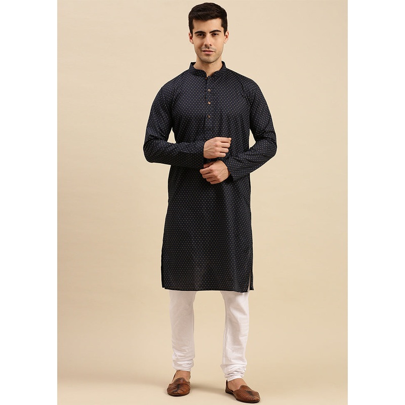 Deep Blue Cotton Kurta And Pajama Set - JD986590146
