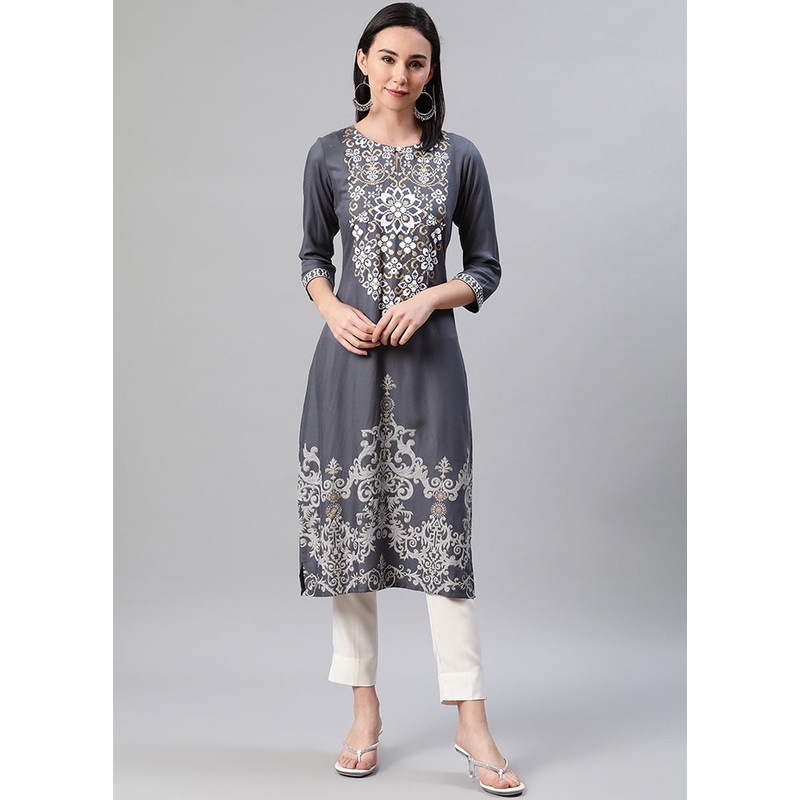 Grey Readymade Rayon Foil Print Kurti - JD986590205