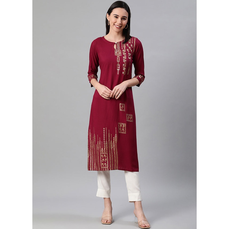 Maroon Rayon A Line Foil Print Kurti - JD986590209