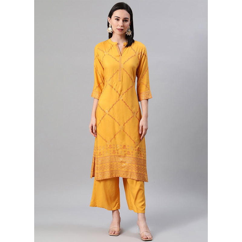 Mustard Rayon Straight Foil Print Kurti - JD986590208