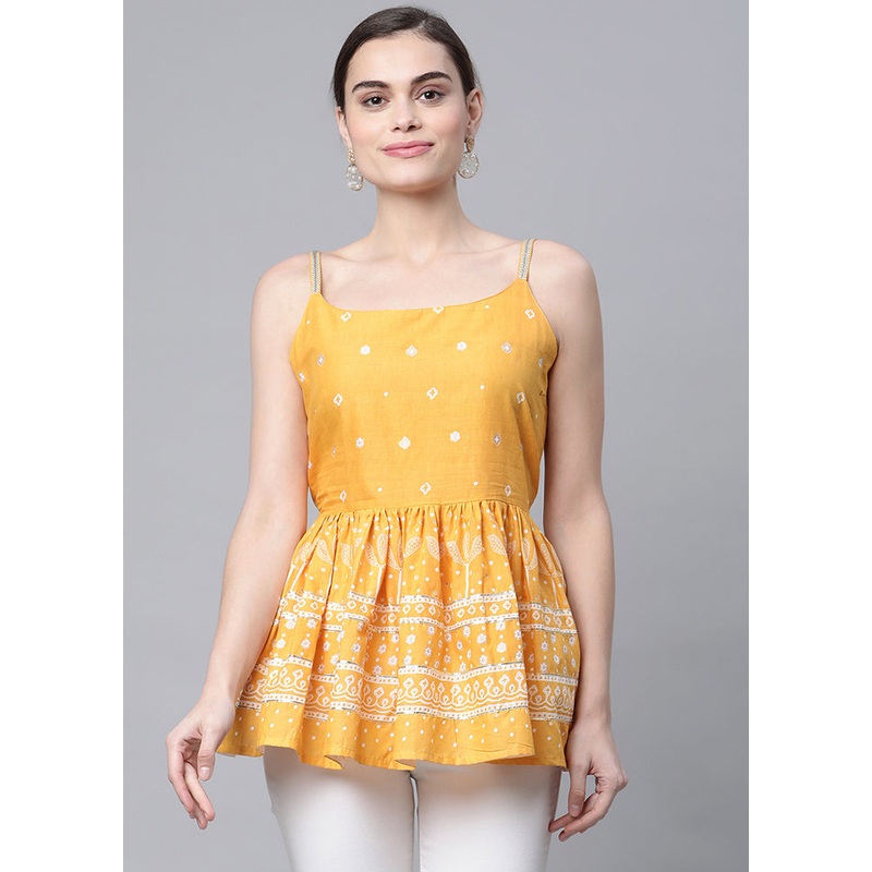 Mustard Readymade Cotton Floral Tunic - JD986590232