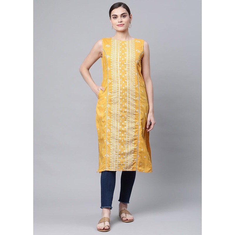 Mustard Readymade Cotton Printed Kurti - JD986590234