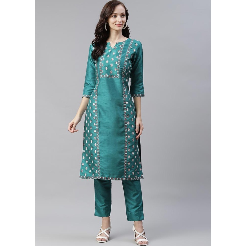 Ocean Blue Silk Kurti With Foil Printed Work - JD986590239