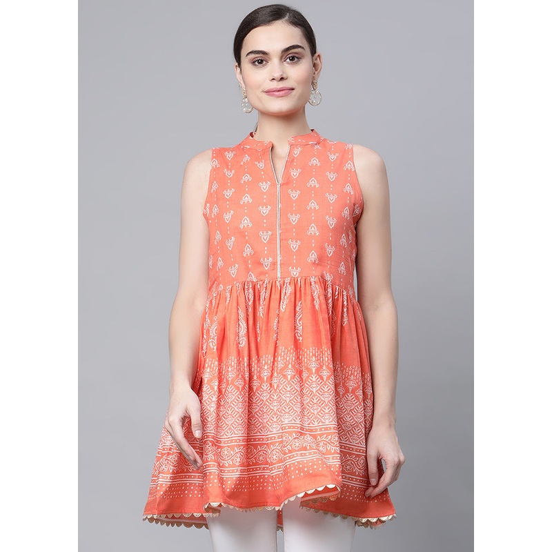 Orange Readymade Cotton Floral Printed Tunic - JD986590230