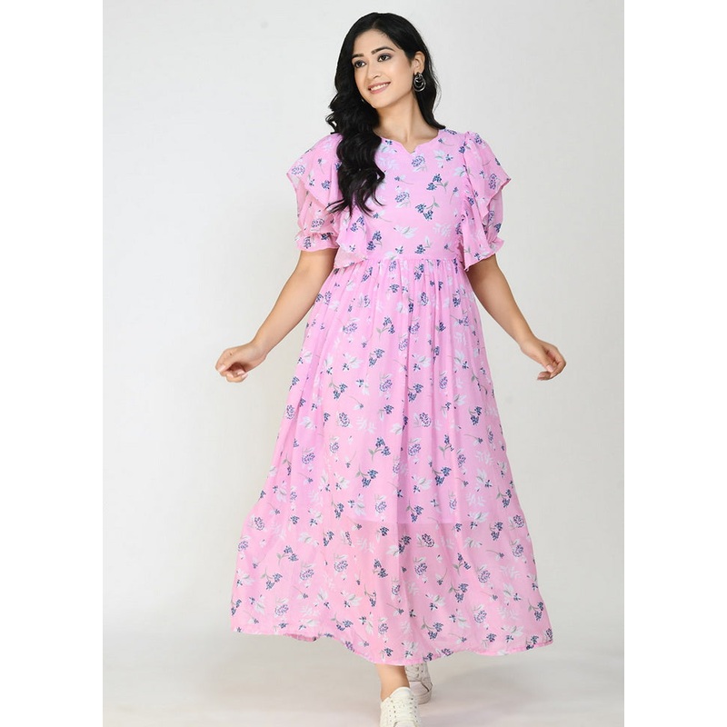 Pink Printed Georgette Readymade Dress - JD986590202