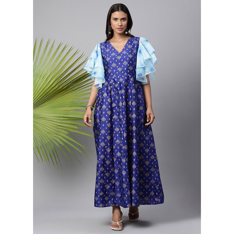 Royal blue Readymade Silk Woven Kurti - JD986590290
