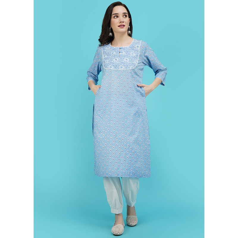 Sky Blue Cotton Printed Kurti - JD986590262