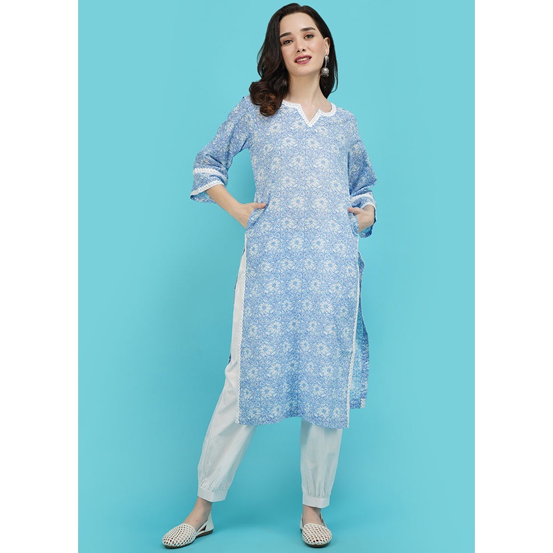 Sky Blue Cotton Printed Kurti - JD986590263