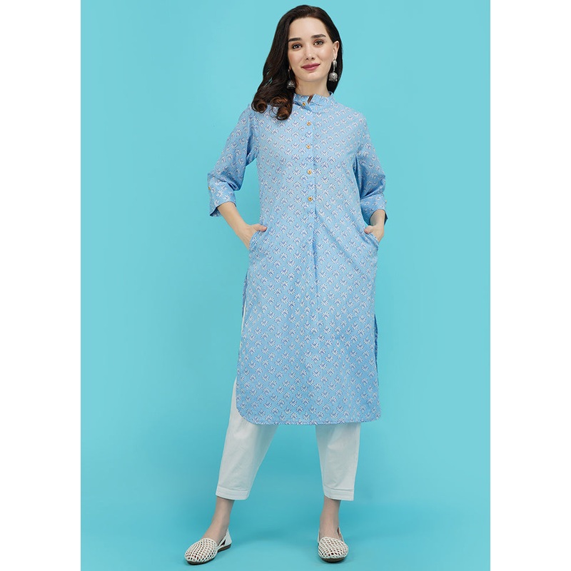 Sky Blue Cotton Printed Kurti - JD986590264