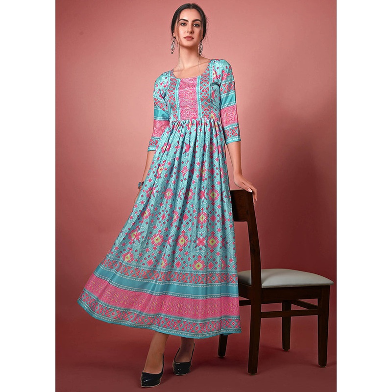 Sky Blue Readymade Chinon Kurti - JD986590271