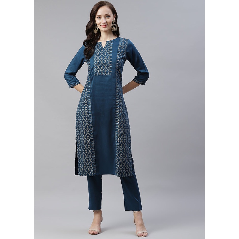 Teal Blue Straight Rayon Foil Print Kurti - JD986590235