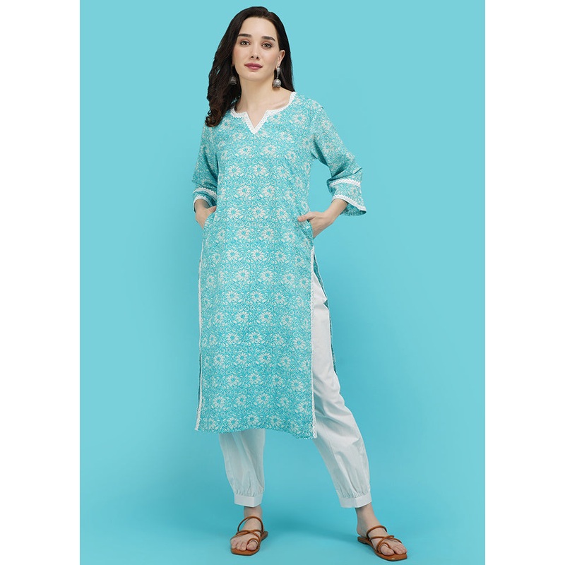 Turquoise Cotton Printed Kurti - JD986590261